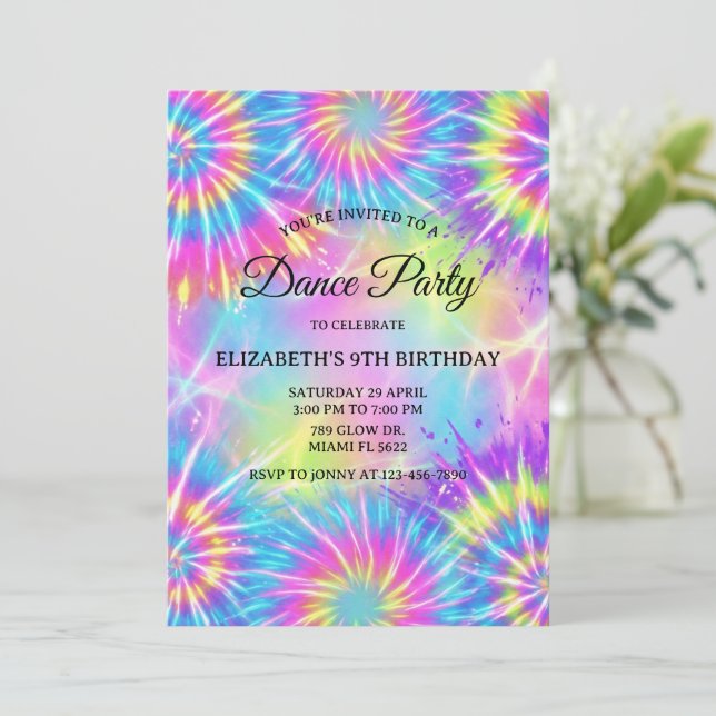 Invitation Fête d'anniversaire de danse Tie Dye Glow Danse Di (Debout devant)