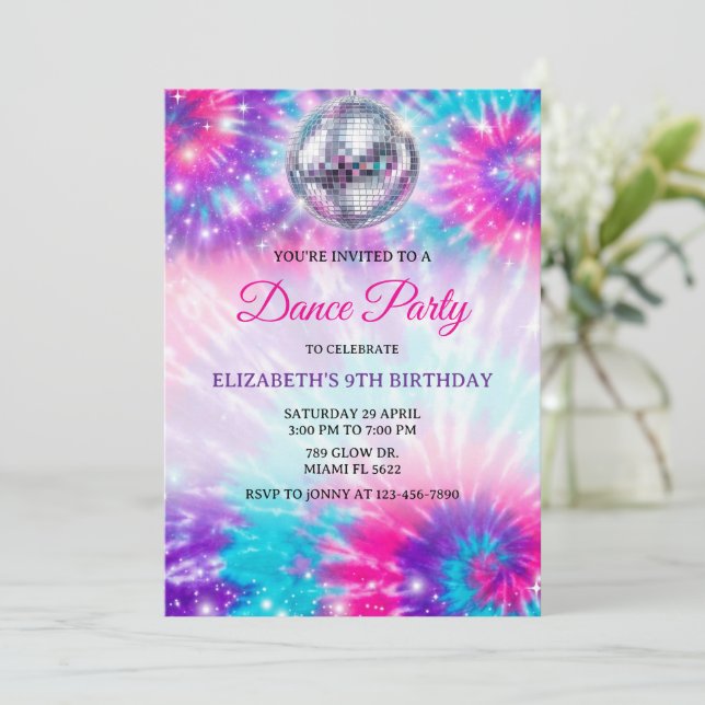 Invitation Fête d'anniversaire de danse Tie Dye Glow Danse Di (Debout devant)