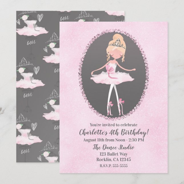 Invitation Fête d'anniversaire de danseuse de Pink & Grey Cou (Devant / Derrière)