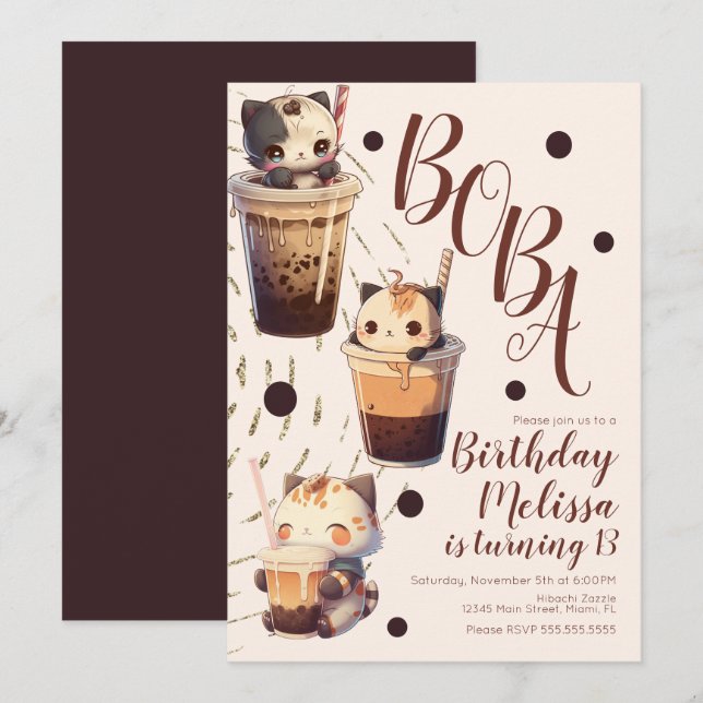 Invitation Fête d'anniversaire de dessin animé de chat Boba m (Devant / Derrière)