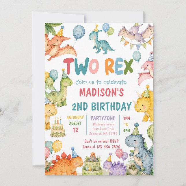 Invitation Fête d'anniversaire de deux ans de Dinosaur Two Re (Devant)