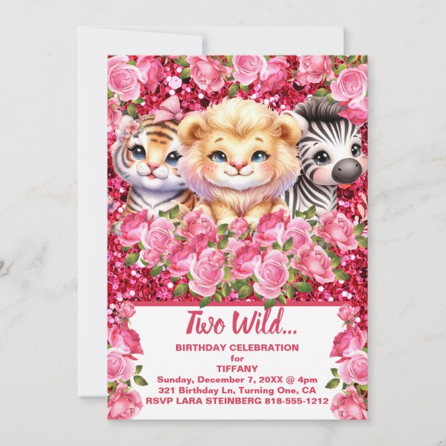 Invitation Fête d'anniversaire de deux ans de fille rose deux (Devant)