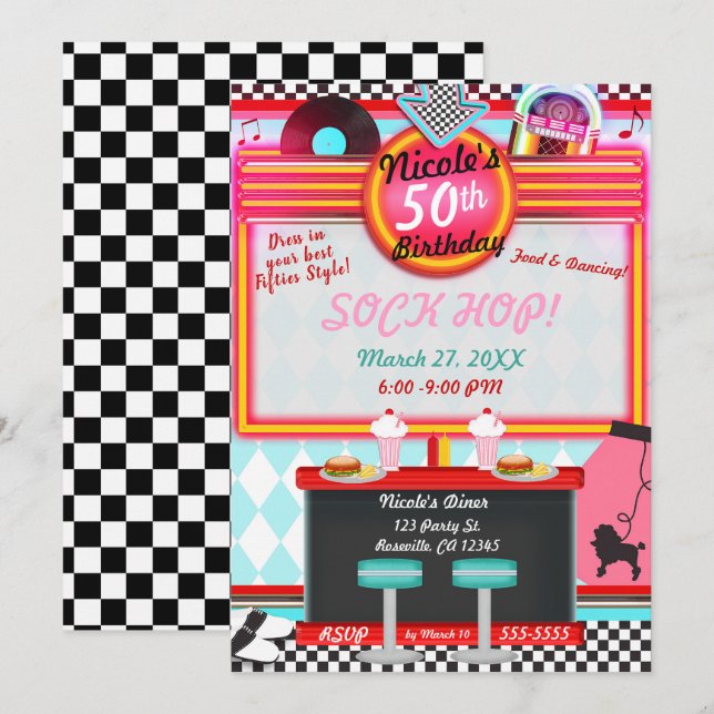 Invitation Fête d'anniversaire de diner rétro vintage années  (Devant / Derrière)