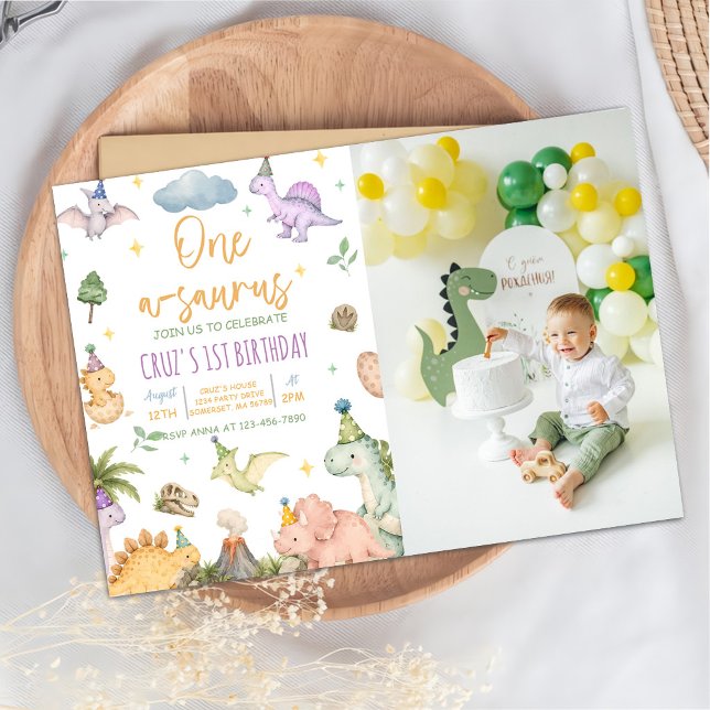 Invitation Fête d'anniversaire de Dinosaur One-A-Saurus 1 an  (Créateur téléchargé)
