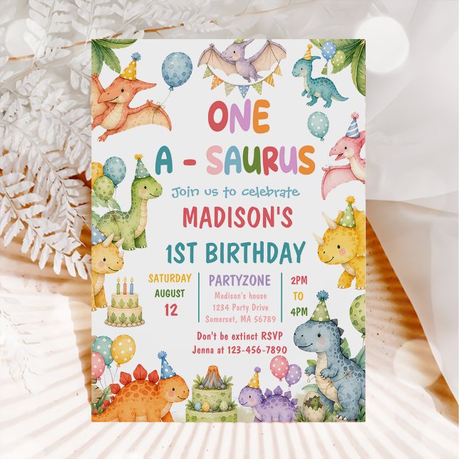 Invitation Fête d'anniversaire de Dinosaur One-A-Saurus 1 an (Créateur téléchargé)