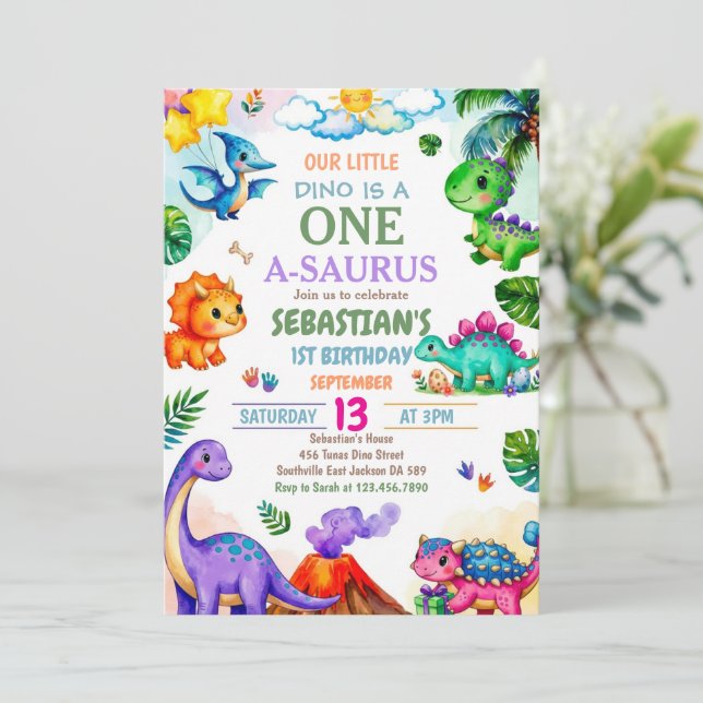 Invitation Fête d'anniversaire de Dinosaur One-A-Saurus 1 an (Debout devant)