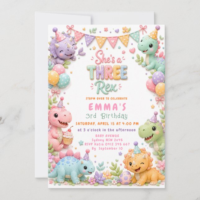 Invitation Fête d'anniversaire de Dinosaur Three Rex 3 ans (Devant)