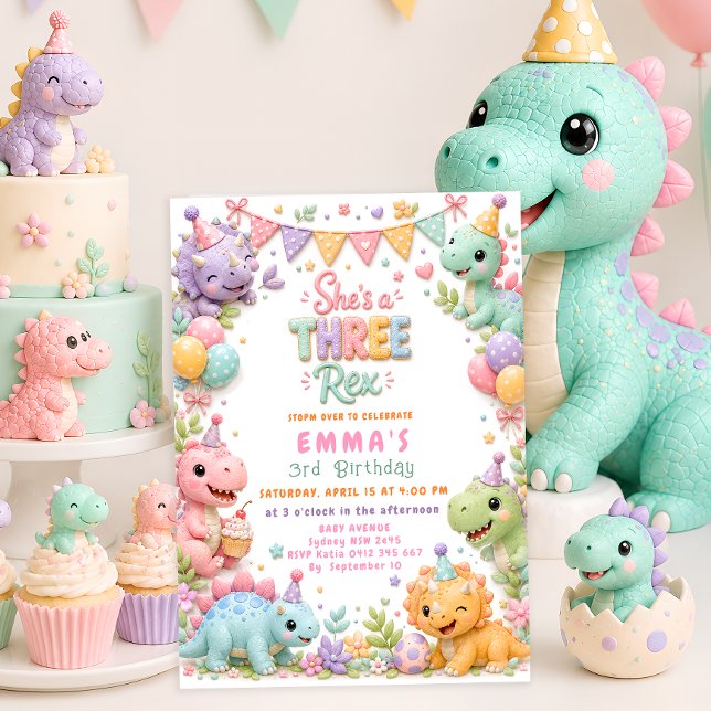 Invitation Fête d'anniversaire de Dinosaur Three Rex 3 ans (Créateur téléchargé)