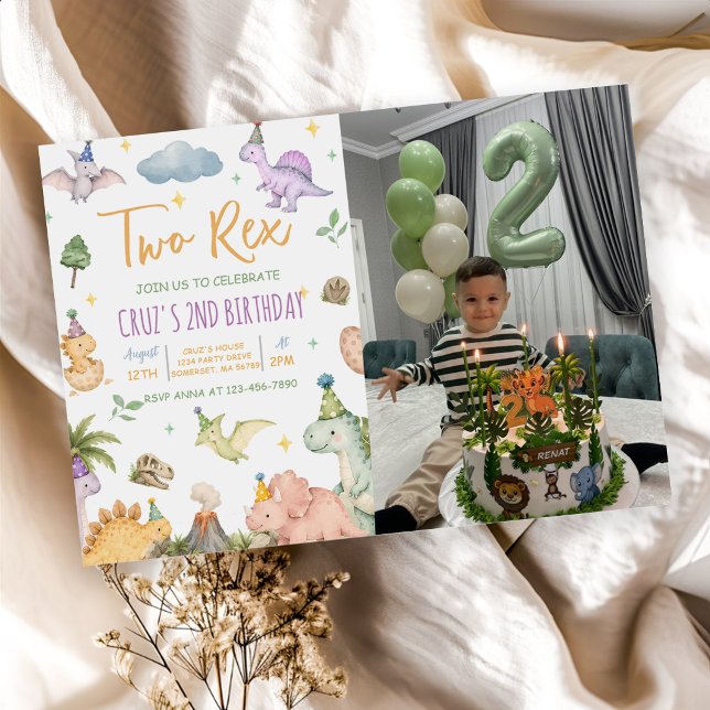Invitation Fête d'anniversaire de Dinosaur Two Rex 2 ans (Créateur téléchargé)