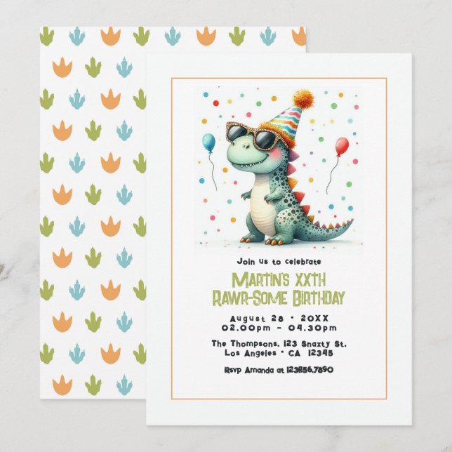 Invitation Fête d'anniversaire de dinosaure (Devant / Derrière)