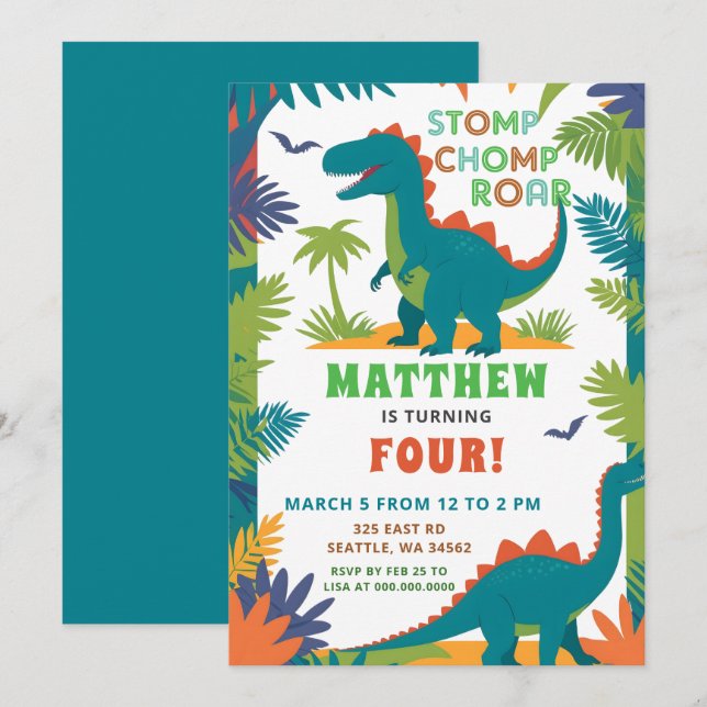 Invitation Fête d'anniversaire de dinosaure (Devant / Derrière)