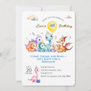 Invitation Fête d'anniversaire de dinosaure à l'aquarelle
