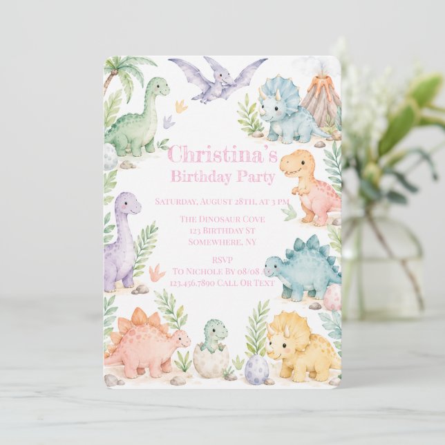 Invitation Fête d'anniversaire de dinosaure à l'aquarelle pas (Debout devant)