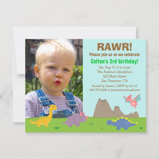 Invitation Fête d'anniversaire de dinosaure colorée (Devant)