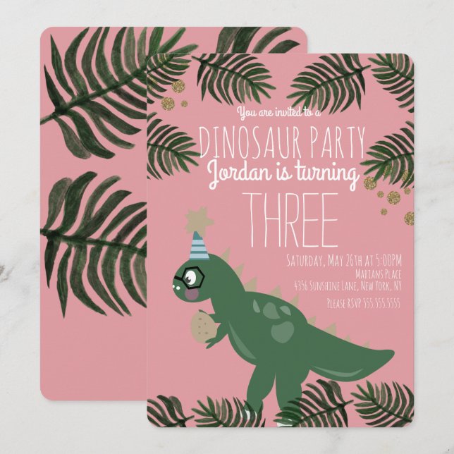 Invitation Fête d'anniversaire de dinosaure cool fille confet (Devant / Derrière)