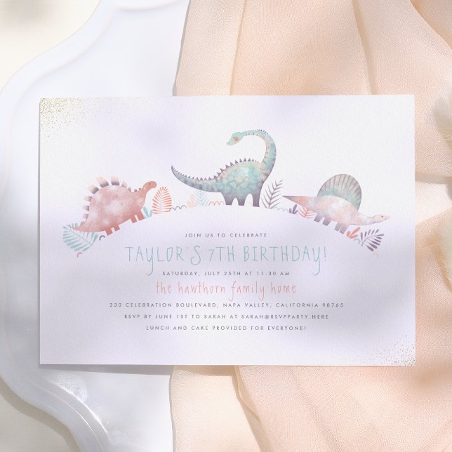 Invitation Fête d'anniversaire de dinosaure de fille mignonne (Créateur téléchargé)