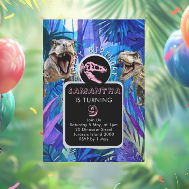Invitation Fête d'anniversaire de Dinosaure de fille ROAR (Get ready for an unforgettable adventure filled with fun, laughter, and dino-themed surprises.  )