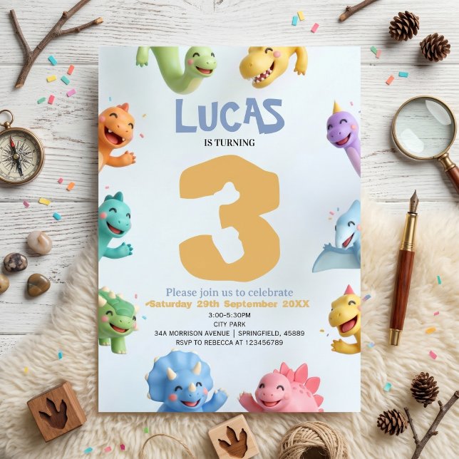 Invitation Fête d'anniversaire de dinosaure mignon pour les e (Créateur téléchargé)
