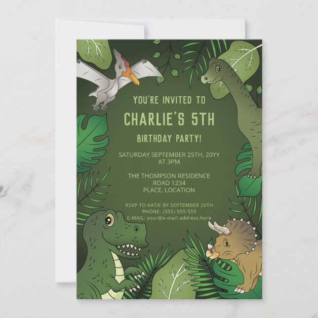Invitation Fête d'anniversaire de dinosaure mignon vert jungl (Devant)