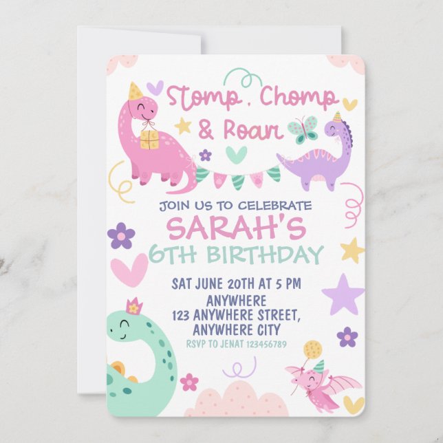Invitation Fête d'anniversaire de dinosaure pastel Stomp Chom (Devant)