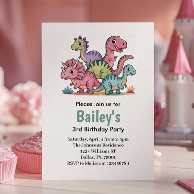 Invitation Fête d'anniversaire de dinosaure rose mignon pour  (Créateur téléchargé)