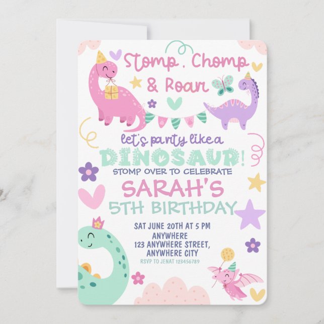 Invitation Fête d'anniversaire de dinosaure Stomp Chomp Et Ru (Devant)