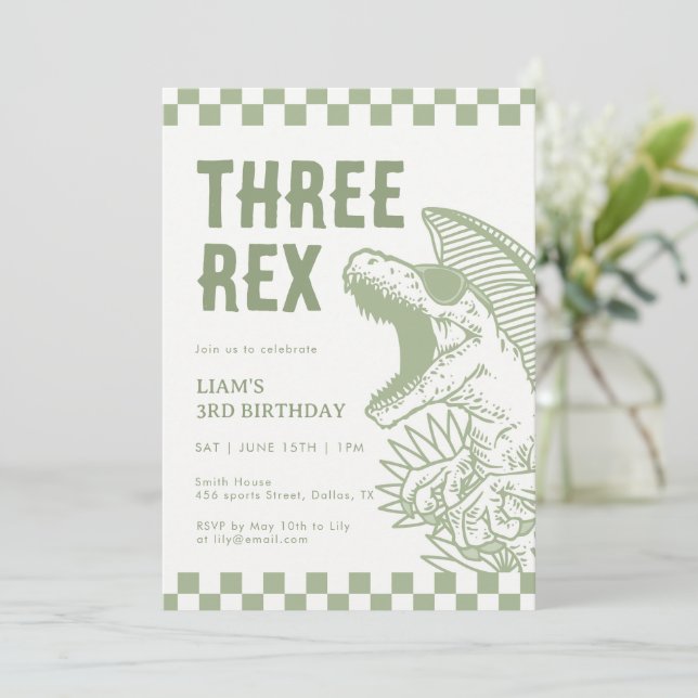 Invitation Fête d'anniversaire de dinosaure T Rex vert rétro  (Debout devant)