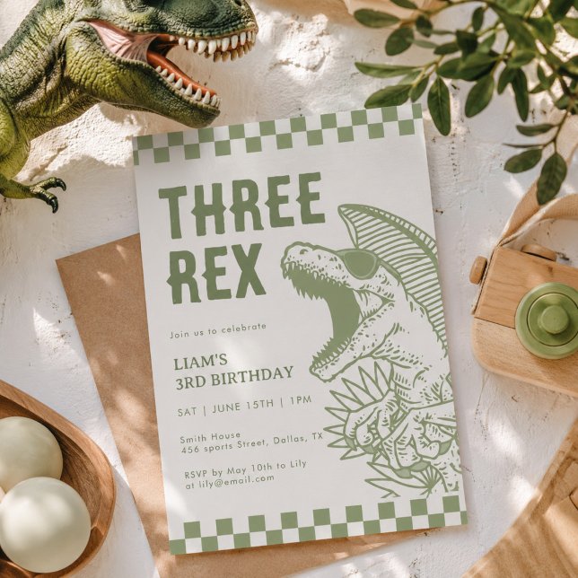 Invitation Fête d'anniversaire de dinosaure T Rex vert rétro  (Créateur téléchargé)