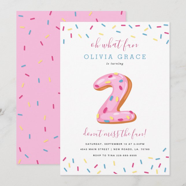 Invitation Fête d'anniversaire de Donut | Deux (Devant / Derrière)