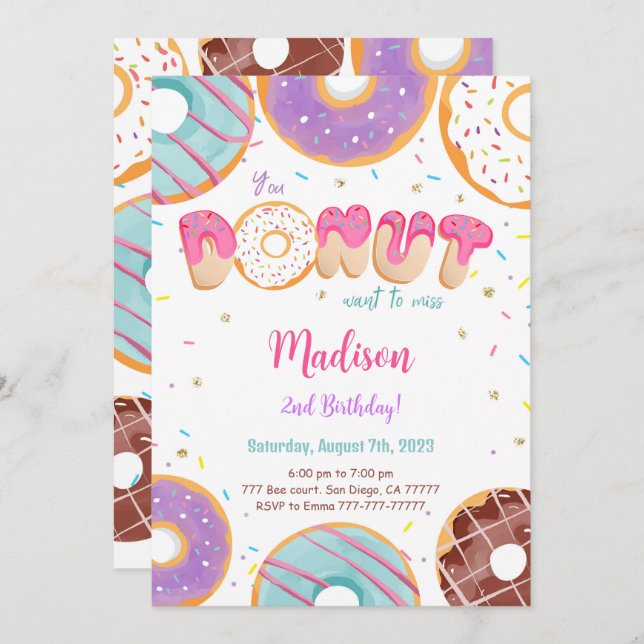 Invitation Fête d'anniversaire de Donut modifiable (Devant / Derrière)