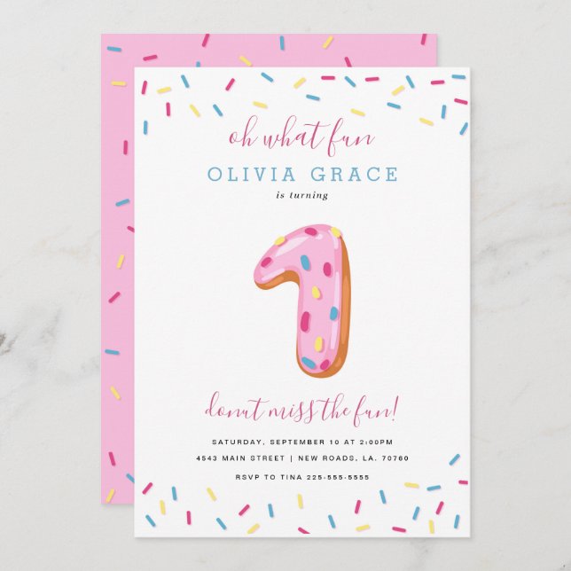 Invitation Fête d'anniversaire de Donut | Un (Devant / Derrière)