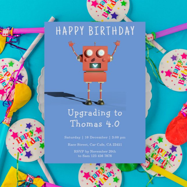 Invitation Fête d'anniversaire de enfants robot 3D rouge (Créateur téléchargé)