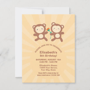 Invitation Fête d'anniversaire de enfants singe mignon Kawaii