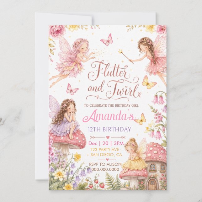 Invitation fête d'anniversaire de fée fantaisiste (Devant)