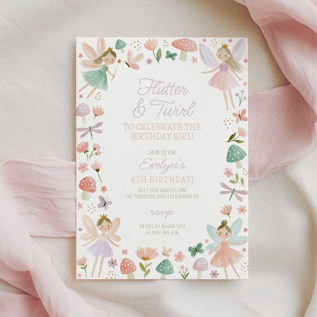 Invitation Fête d'anniversaire de fée Flutter et Twirl pour f (Flutter & Twirl to celebrate the birthday girl! Fairy birthday invitation)