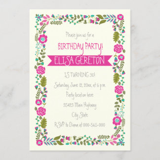 Invitation Fête d'anniversaire de femme à la frontière fleuri