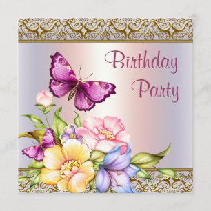 Invitation Fête d'anniversaire de femme aux fleurs papillon e