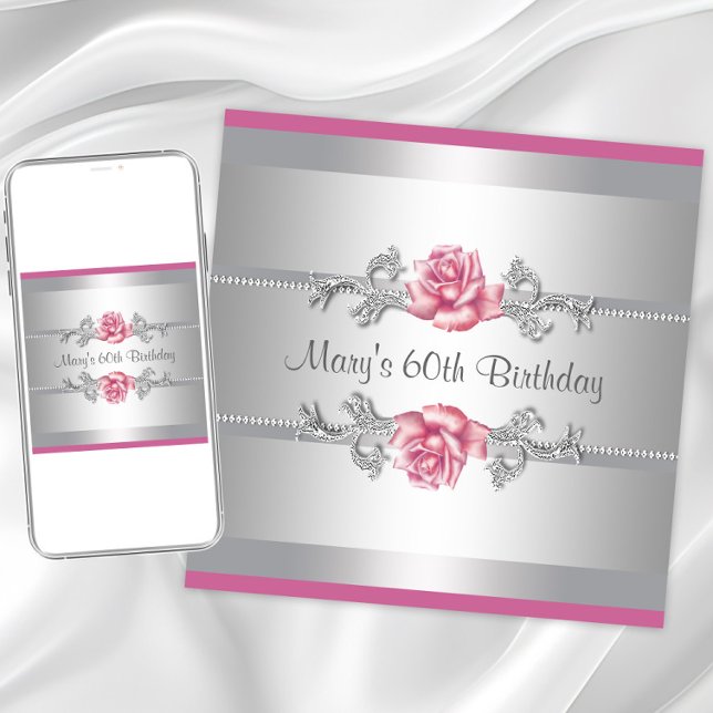 Invitation Fête d'anniversaire de femme aux roses roses (Pink rose any birthday pr event invitation. Instant download and printed invitations available.)