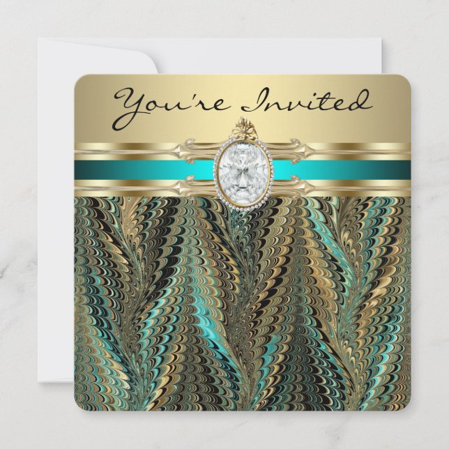 Invitation Fête d'anniversaire de femme bleu sarcelle et or (Devant)