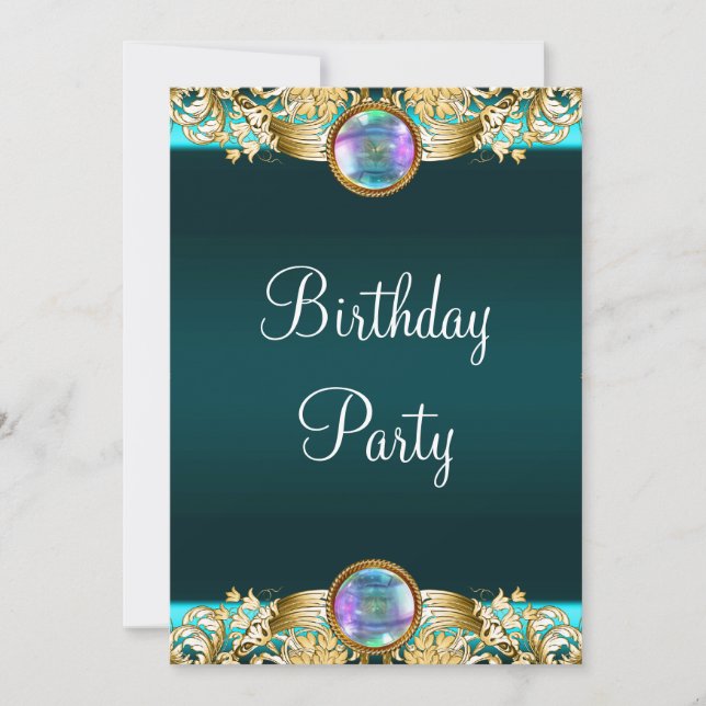 Invitation Fête d'anniversaire de femme bleu sarcelle or (Devant)