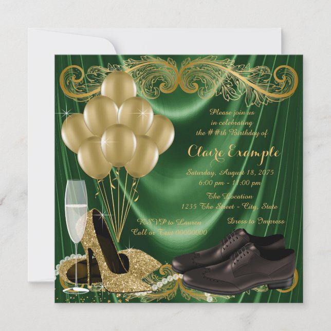 Invitation Fête d'anniversaire de femme chaussure émeraude ve (Devant)