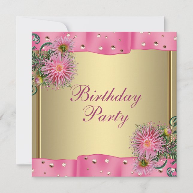 Invitation Fête d'anniversaire de femme Dahlia Rose Doré (Devant)