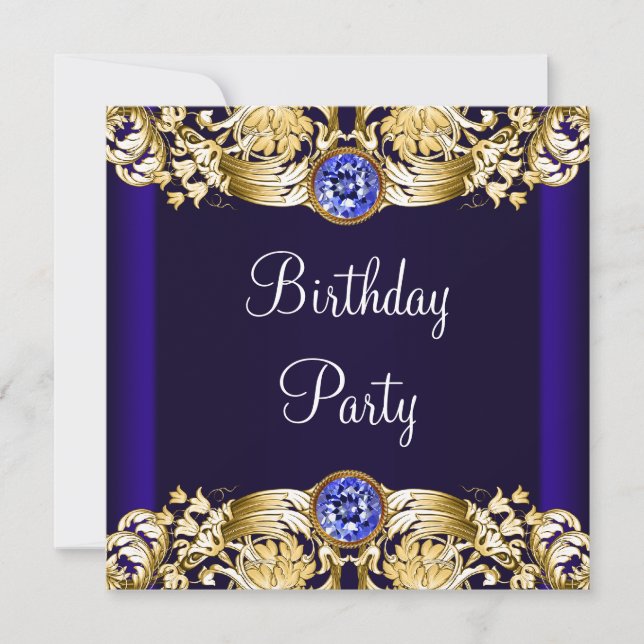 Invitation Fête d'anniversaire de femme en bleu or de la Roya (Devant)