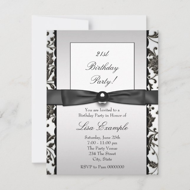 Invitation Fête d'anniversaire de femme en noir et damas (Devant)