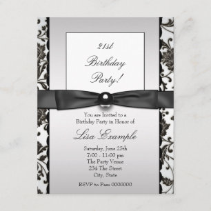 Invitation Fête d'anniversaire de femme en noir et damas