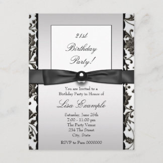 Invitation Fête d'anniversaire de femme en noir et damas