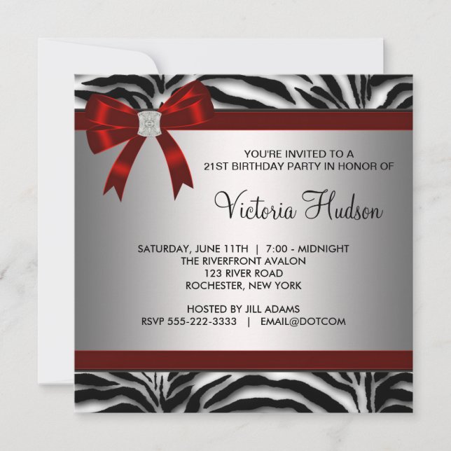 Invitation Fête d'anniversaire de femme Fille Zèbre Rouge (Devant)