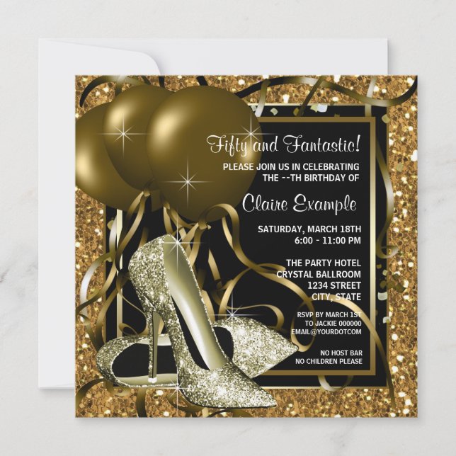 Invitation Fête d'anniversaire de femme noir et or (Devant)
