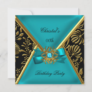Invitation Fête d'anniversaire de femme Or Bleu sarcelle Noir