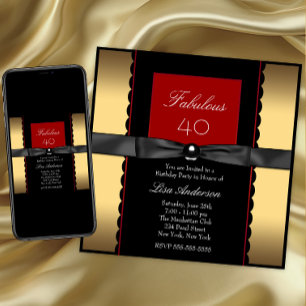 Invitation Fête d'anniversaire de femme or noir et rouge